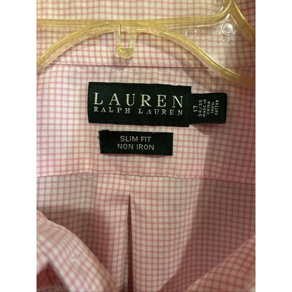 Lauren Ralph Lauren 17 34/35 Slim Fit Non Iron Checked Dress Shirt White Pink - Picture 4 of 7